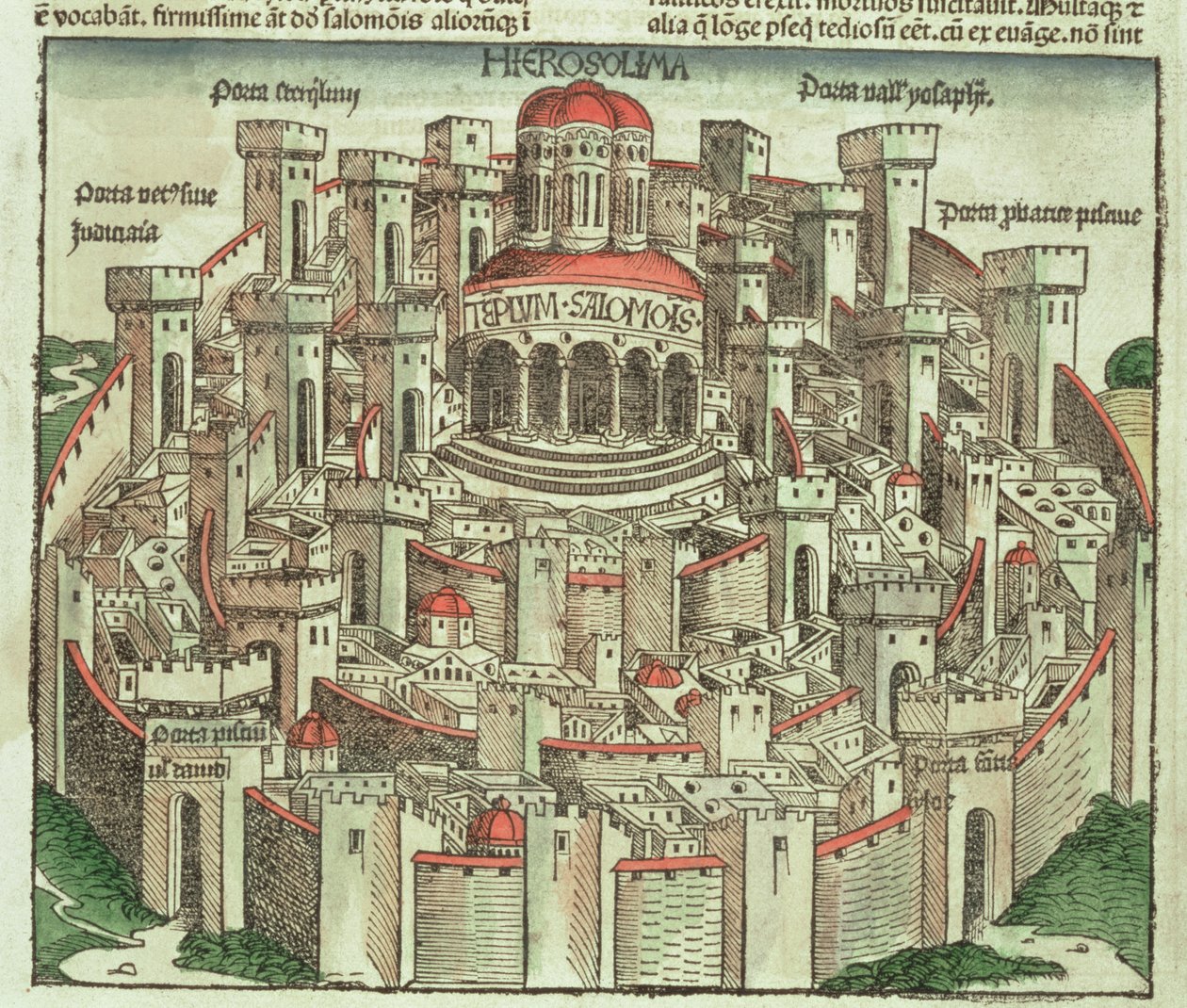 Udsigt over den befæstede by Jerusalem, der viser Salomons tempel og byportene, fra Nürnberg-krøniken af Hartmann Schedel (1440-1514) 1493 af German School
