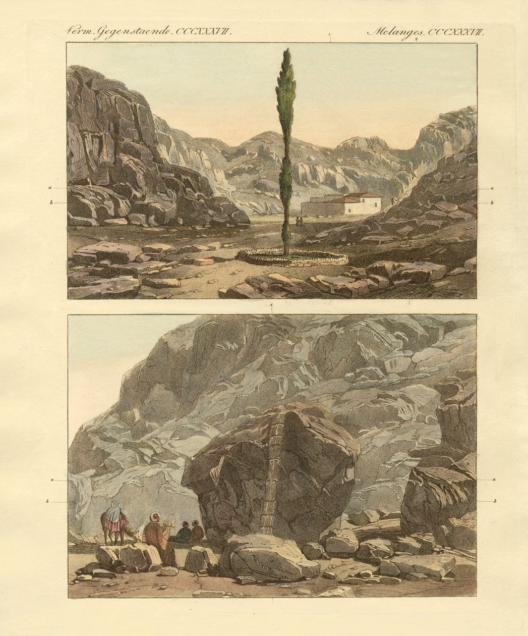 Udsigt over Sinai-bjerget (farvet gravering) af German School