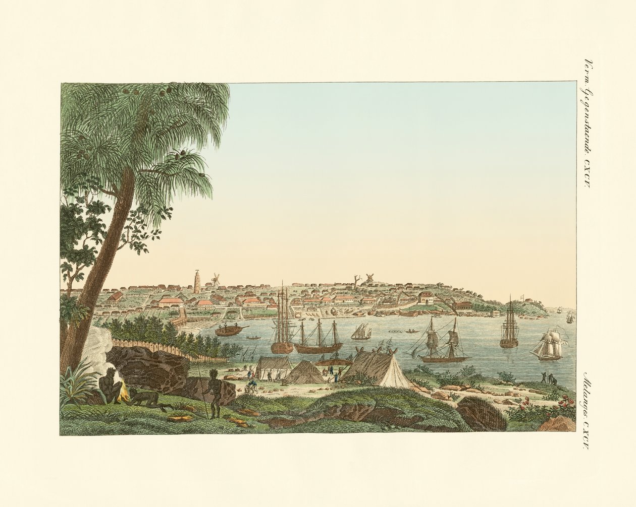 Udsigt over byen Sydney (farvet gravering) af German School
