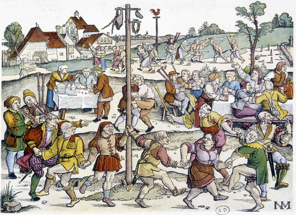 Landsbydans omkring matte de cocagne - 1500-tallets tyske billedsprog fra Nikolaus Meldemann af German School
