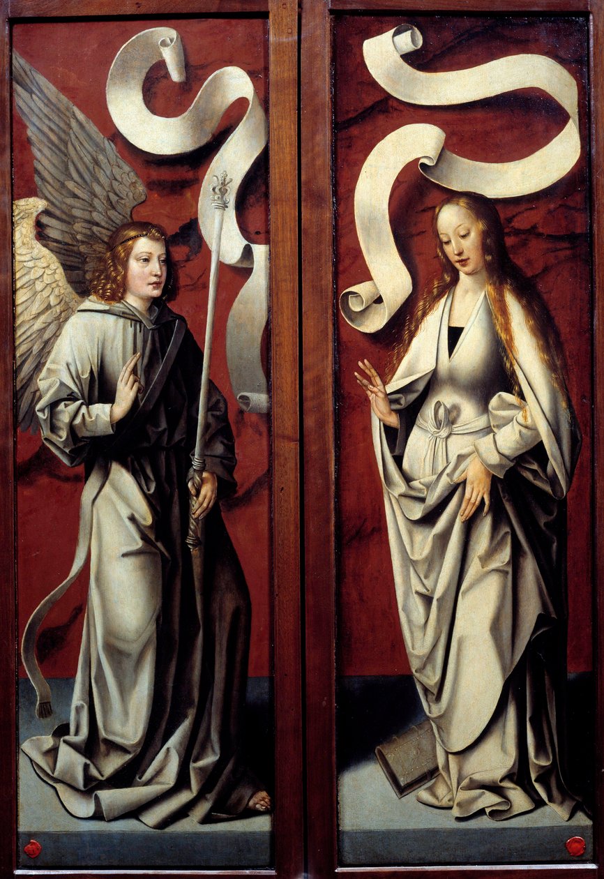 Jomfru Maria og bebudelsens engel Bagsiden af de tryptiske sektioner af tilbedelsen af vismændene. Anonymt maleri af den tyske skole. Egouen fra det 15. århundrede, National Renaissance Museum af German School