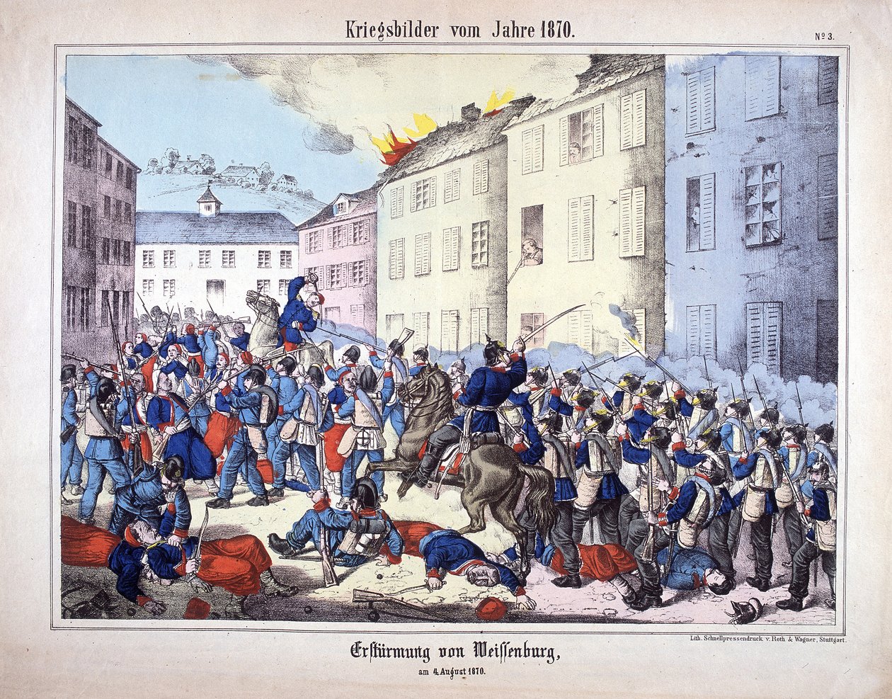 Krig i 1870: Erobringen af Wissembourg (slaget ved Weissenburg) mellem soldaterne fra den preussiske hær og franskmændene den 4. august af German School