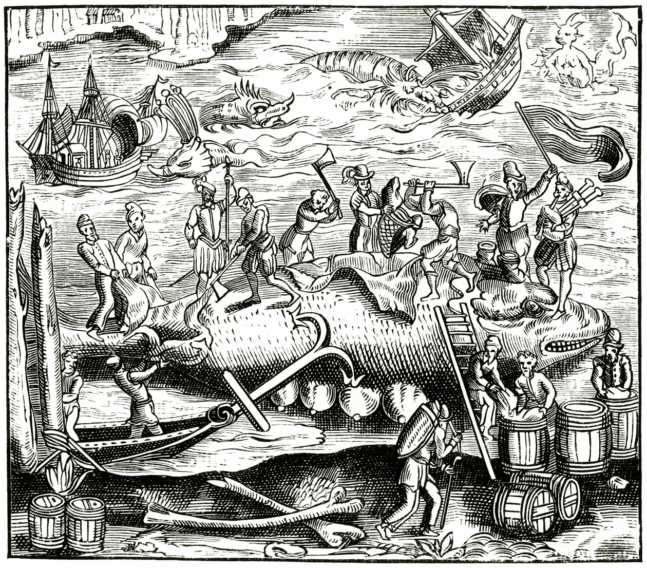 Hvalfiskeri efter et træsnit i Cosmographie Universelle of Munster, udgivet 1552 af German School