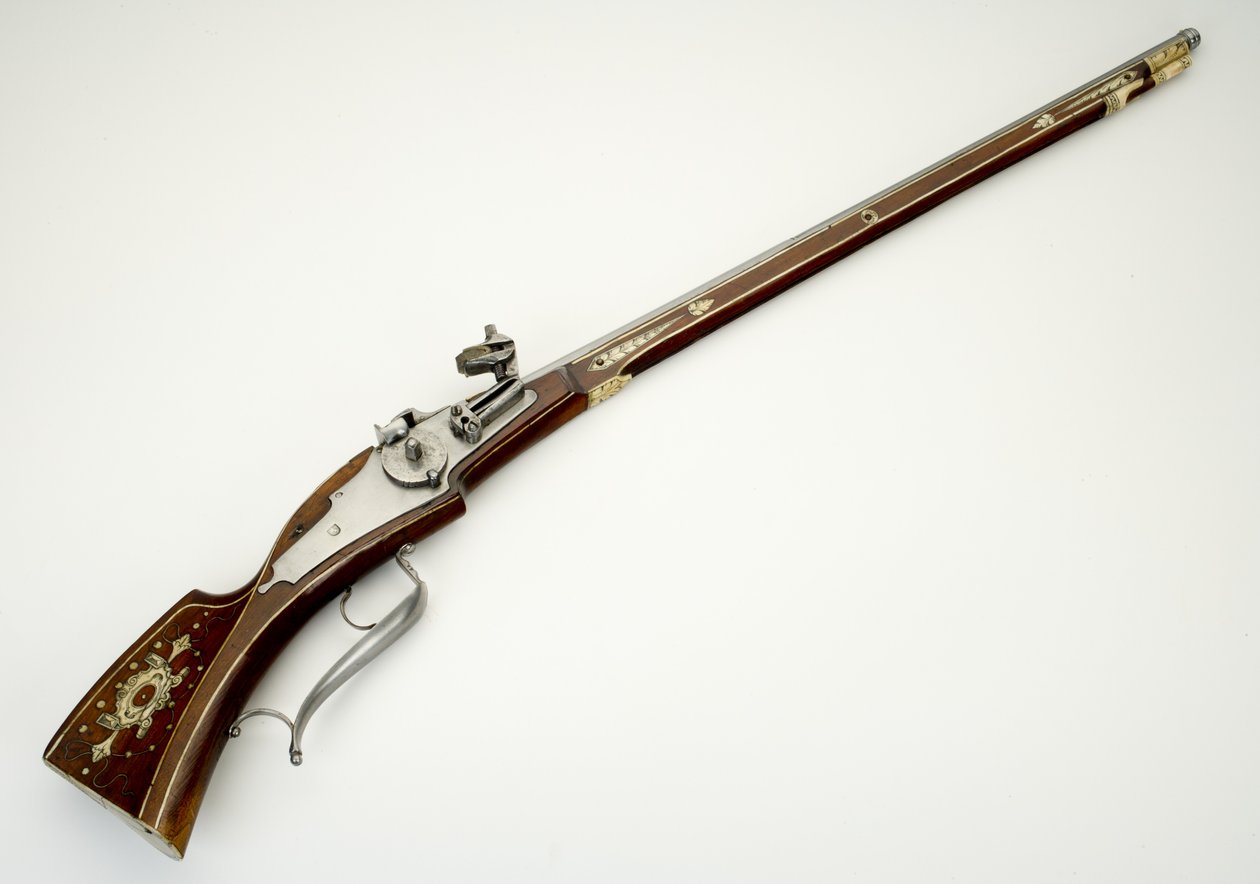 Hjullåskarabin til den personlige vagt (Trabanten) af Wolf Dietrich von Raitenau, prins-biskop af Salzburg, ca. 1590 (stål, messing, ben, jern og træ) af German School