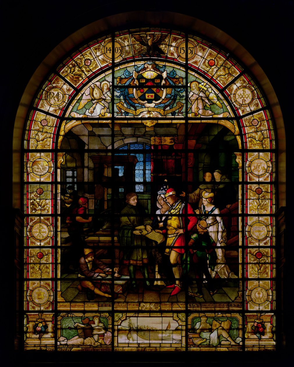 William Caxton viser sin første trykte bog til Edward IV og hans kone, Elizabeth Woodville i 1477, af Mayer og Co., München-baseret firma aktiv i London, ca. 1880 (mosaikvindue) af German School