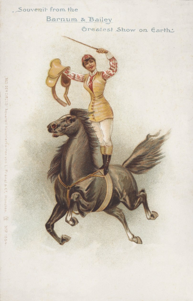 Kvindelig rytter i Barnum og Baileys cirkus (chromolitho) af German School