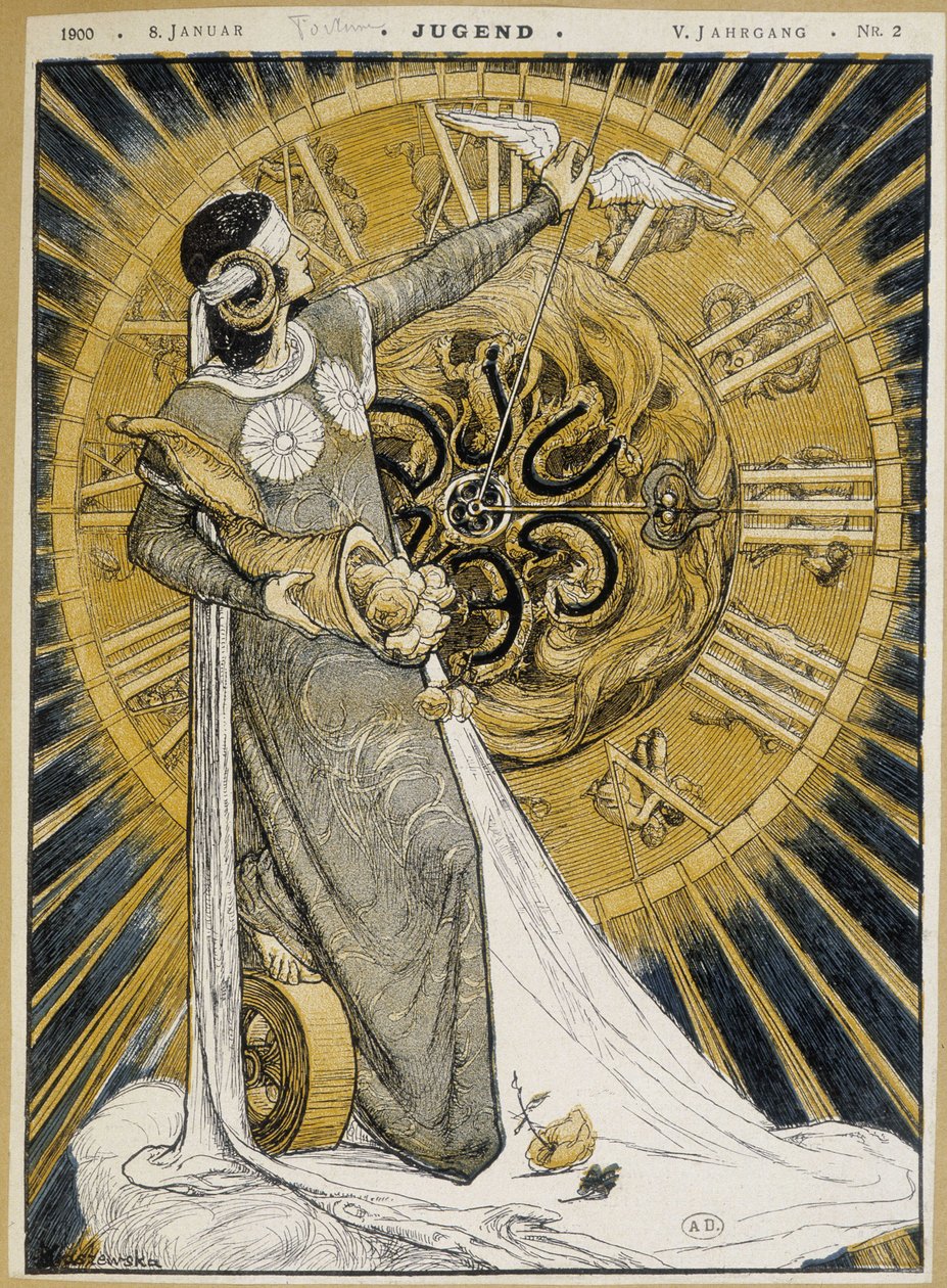 Kvinde med strimler i øjnene, der holder et horn af overflod og fremfører viserne på et ur (Allegory of Fortune) - i "" Jugend"" af 08/01/1900 af German School