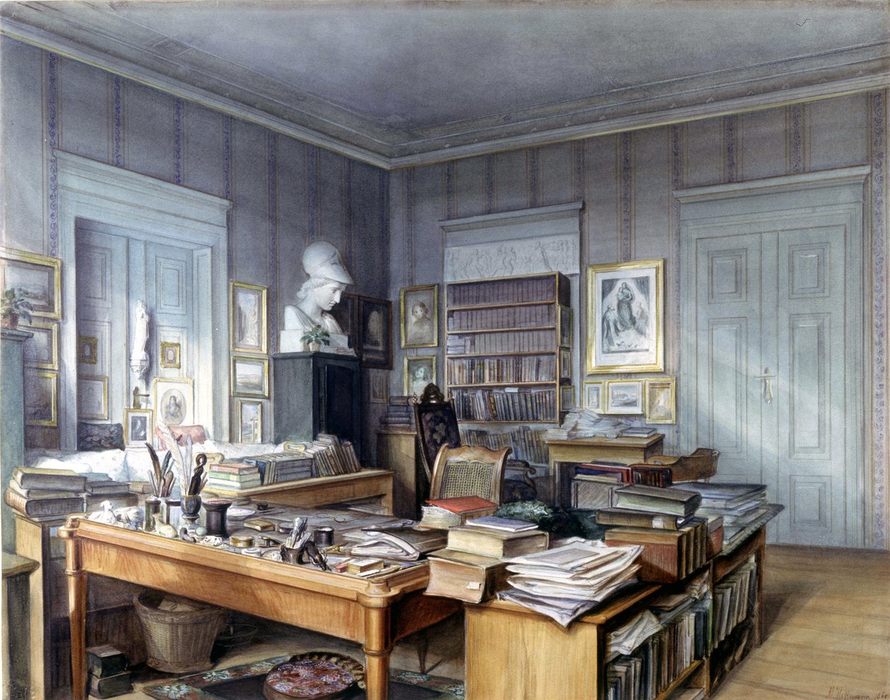 Wilhelm Grimms (1786 -1859) arbejdsværelse i Berlin, Linkstrasse 7. Stik af hr. Hoffmann. Nationalmuseum, Nürnberg. 1860. af German School