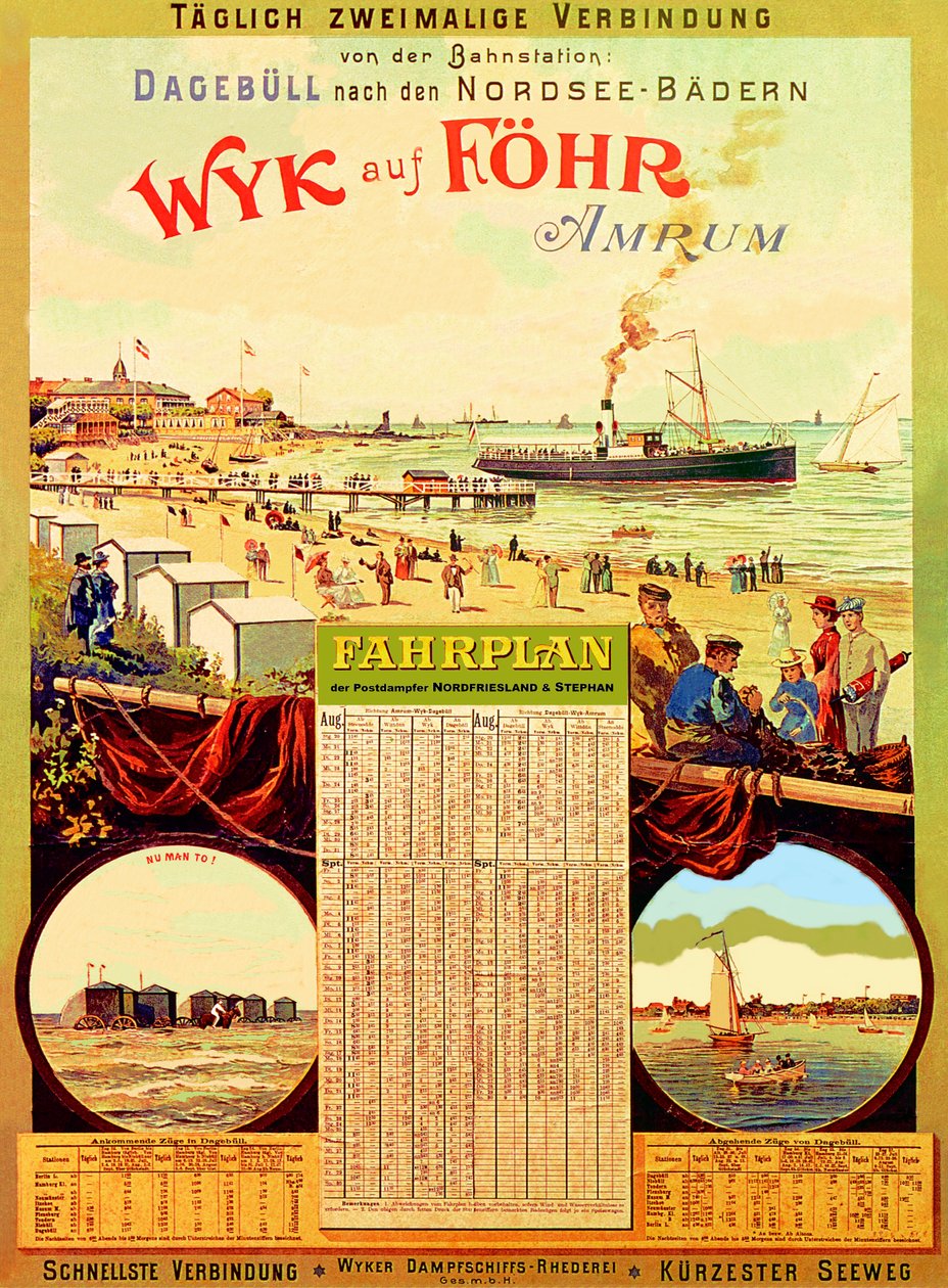 Wyk auf Fohr, plakat, der reklamerer for Wyk Steam Shipping Company, 1897 af German School