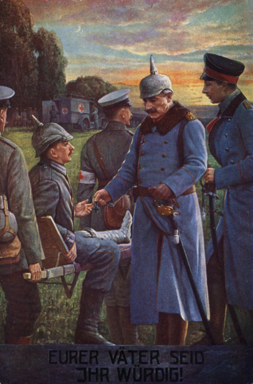 I er jeres fædre værdige: Kejser Wilhelm II tildeler en såret tysk soldat jernkorset (farvelitografi) af German School