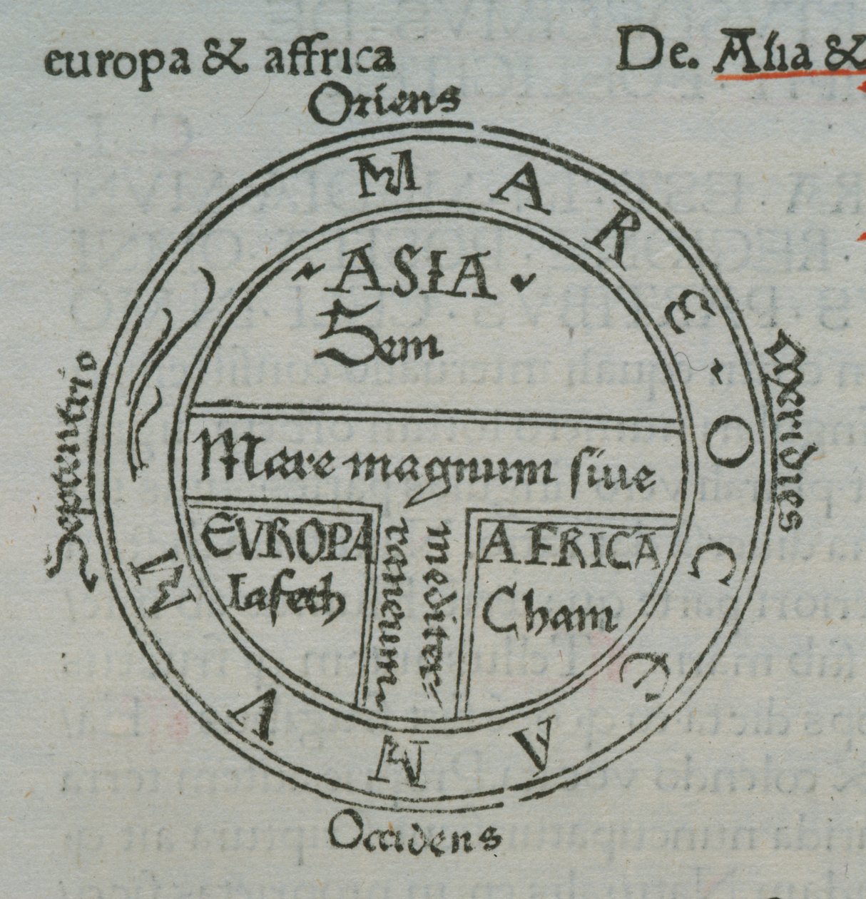 f.177v T-in-O kort, med bogtryk stednavne, fra Isidore af Sevilla, Liber Etimologiarvm af German School