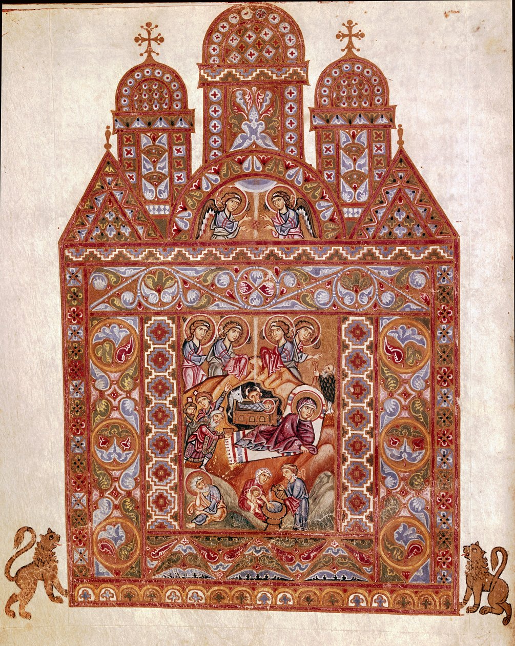 Nativite Miniature af Codex of Egbert (Codex Egberti) af skolen i Reichenau. 980 ca. Cividale del Friuli, Arkæologisk Museum eller Cathedrale de Cividale af German School