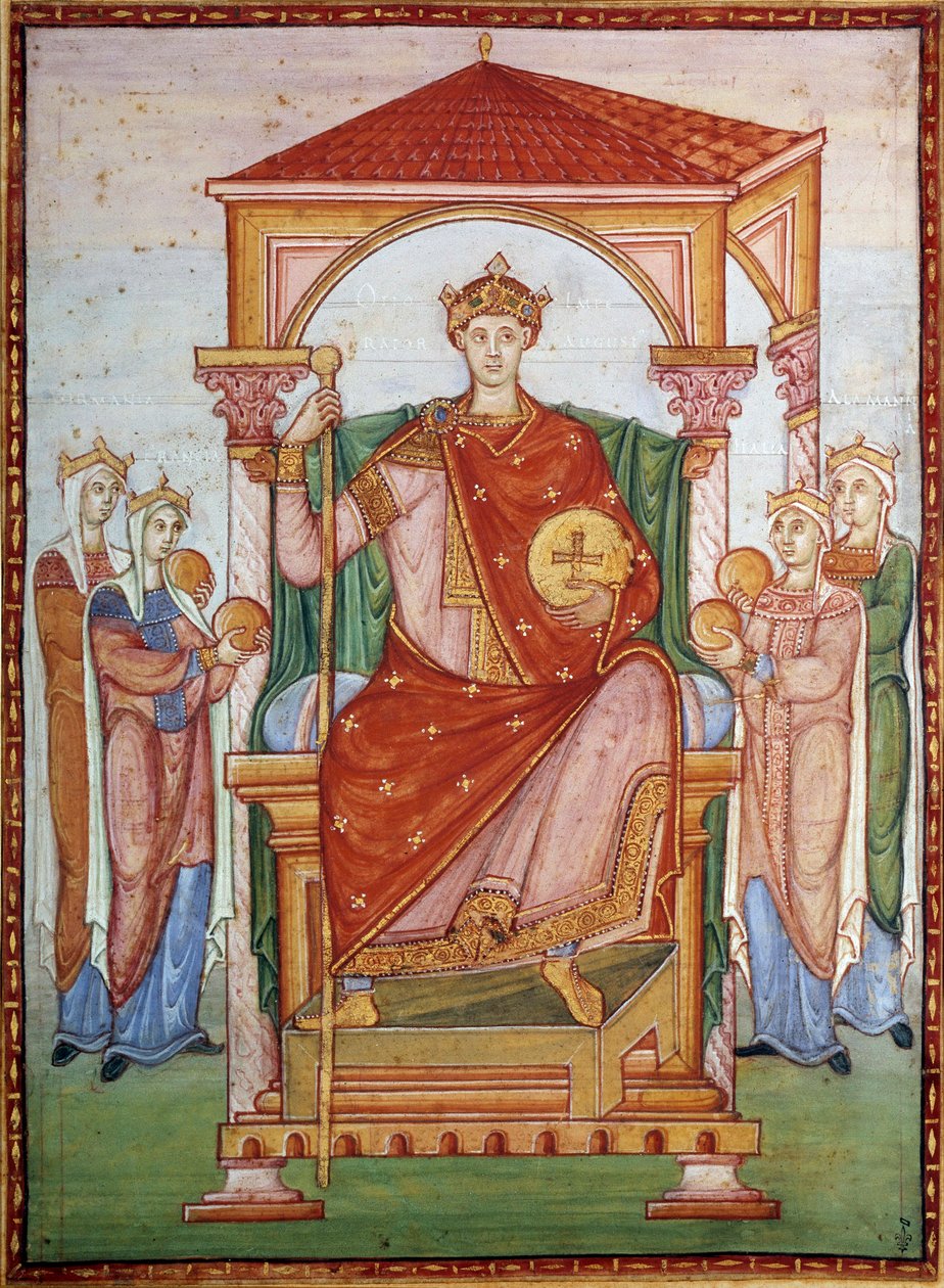 Otton III (980-1002) Germansk kejser, der modtager nationernes hyldest Miniature fra manuskriptet "Evangelical of Otton III", slutningen af det 10. århundrede. Chantilly, Conde Museum af German School