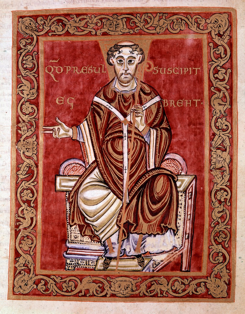 Eveque Egbert de Treves modtager psalteren fra munken Rudprechts hænder (ikke repræsenteret her) - Miniature af Codex of Egbert (Codex Egberti) af skolen i Reichenau, 980 - Cividale del friuli, museo archeologico eller Cathedrale de Civid af German School