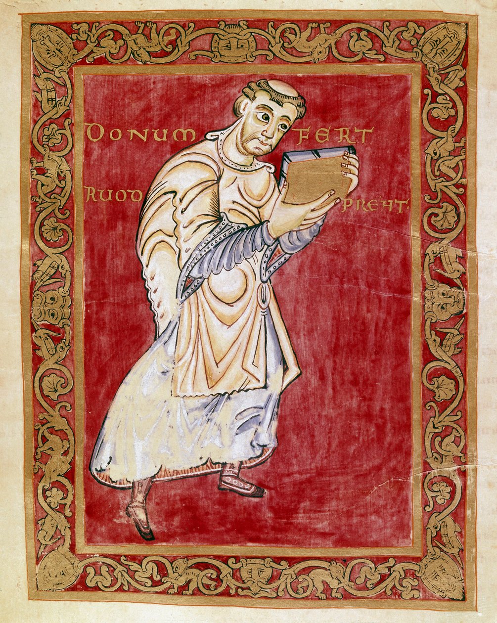 Munken Ruodprecht tager manuskriptet til buen Egbert de Treves (977-993) Miniature af Codex of Egbert (Codex Egberti) af skolen i Reichenau. Cividale del Friuli, Museo Archeologico eller Cathedrale de Cividale af German School