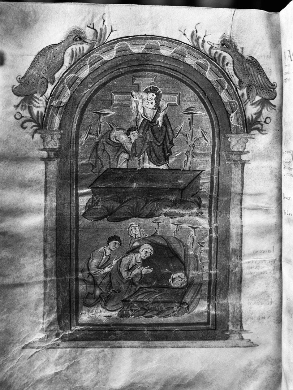 f.234v, Nedstigning fra korset og besøg af disciplene ved graven, Liuthar-Evangeliar / Otto-Evangeliar, c.990 (tempera på vellum) af German School
