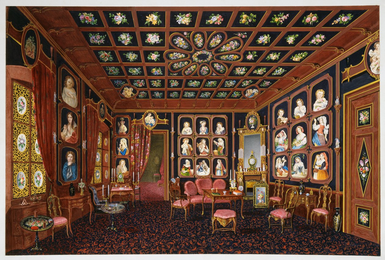 Samtalesalon i Villa Lazarovich, Triestes residens for Maximilian af Habsburg (1832-1867), tempera af Germano Prosdocimi af Germano Prosdocimi