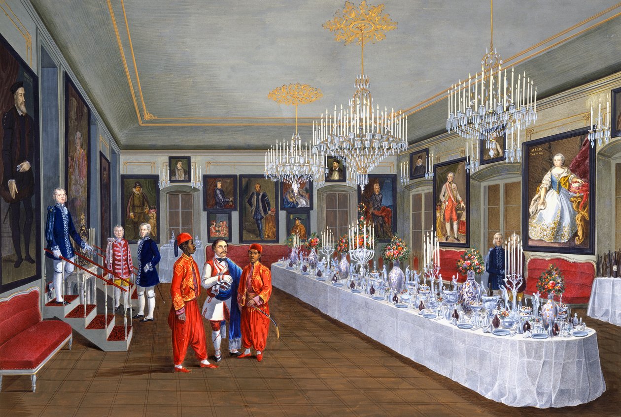 Spisestue med serier af portrætter af Habsburgske kejsere, maleri af Josef Kiss, Villa Lazarovich, Triestes residens for Maximilian af Habsburg (1832-1867), tempera af Germano Prosdocimi af Germano Prosdocimi