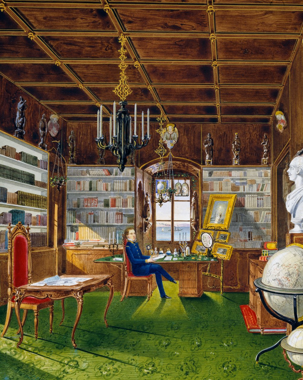 Biblioteket i Villa Lazarovich, Triestes residens for Maximilian af Habsburg (1832-1867), tempera af Germano Prosdocimi af Germano Prosdocimi