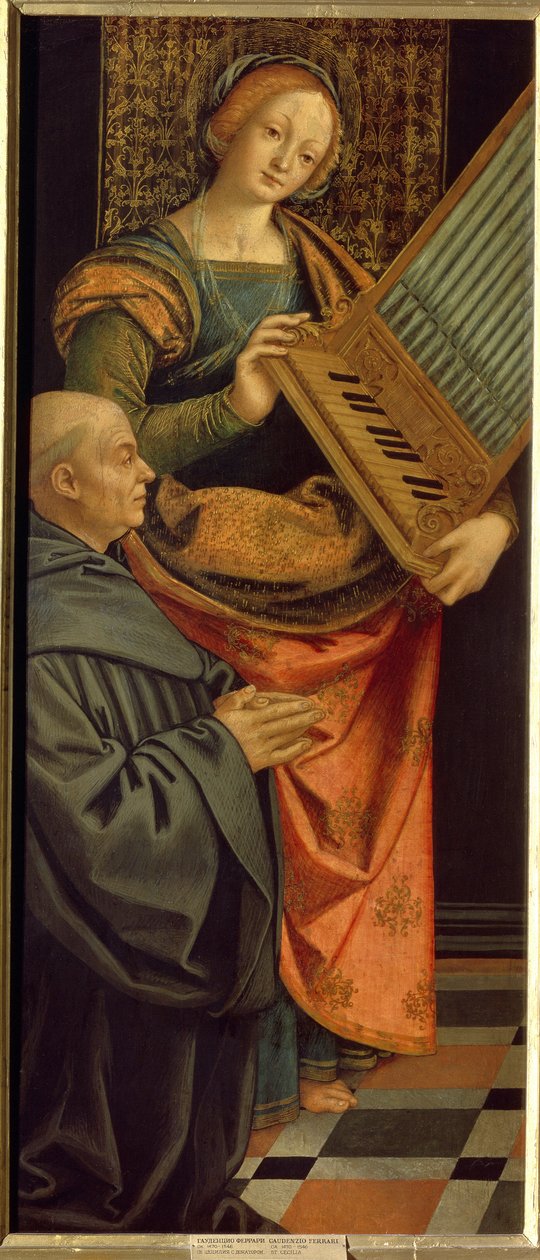 Sankt Cecilia af Rom (3. århundrede) (Saint Cecilia). Bærende et orgel, med en munk knælende i bøn ved sine fødder. Maleri af Gerolamo Giovenone (1490-1555), tempera på træ, efter 1530. Italiensk kunst (Milano) af Gerolamo Giovenone