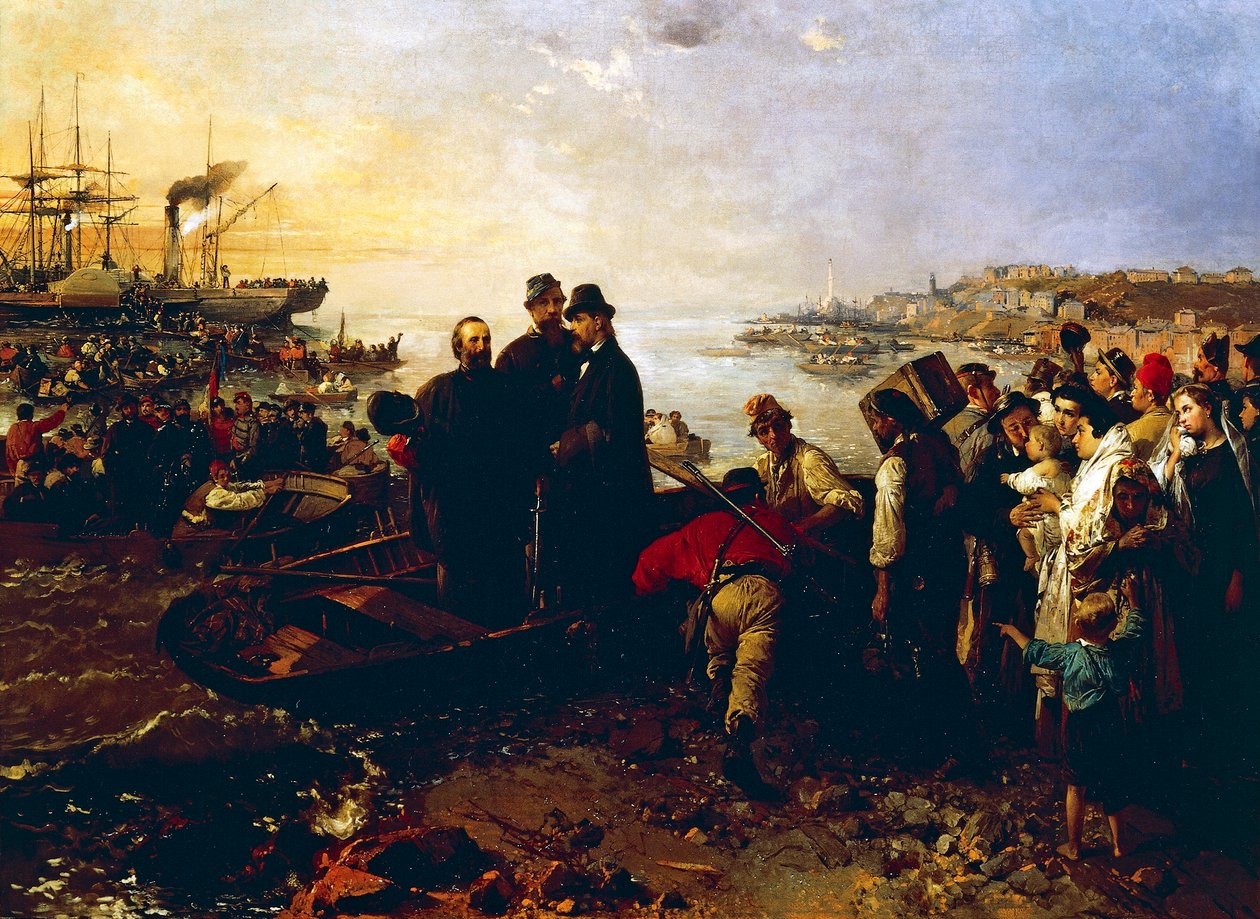 Boarding of the Thousand at Quarto, omkring 1860, af Gerolamo Induno (1825-1890), olie på lærred af Gerolamo Induno