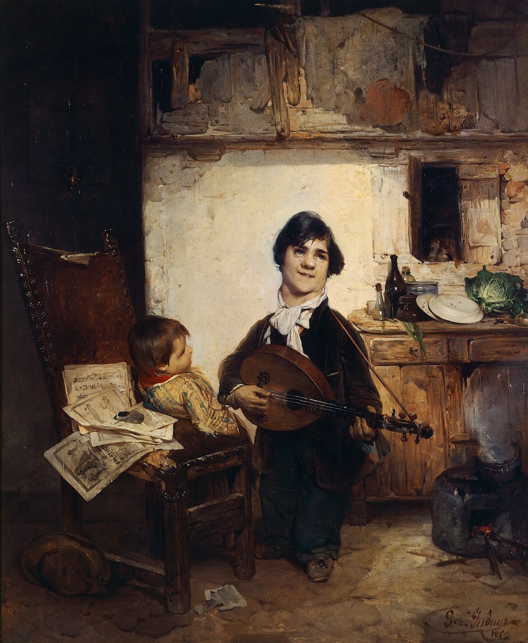 Cripple Playing the Mandolin eller The Storyteller, af Gerolamo Induno af Gerolamo Induno