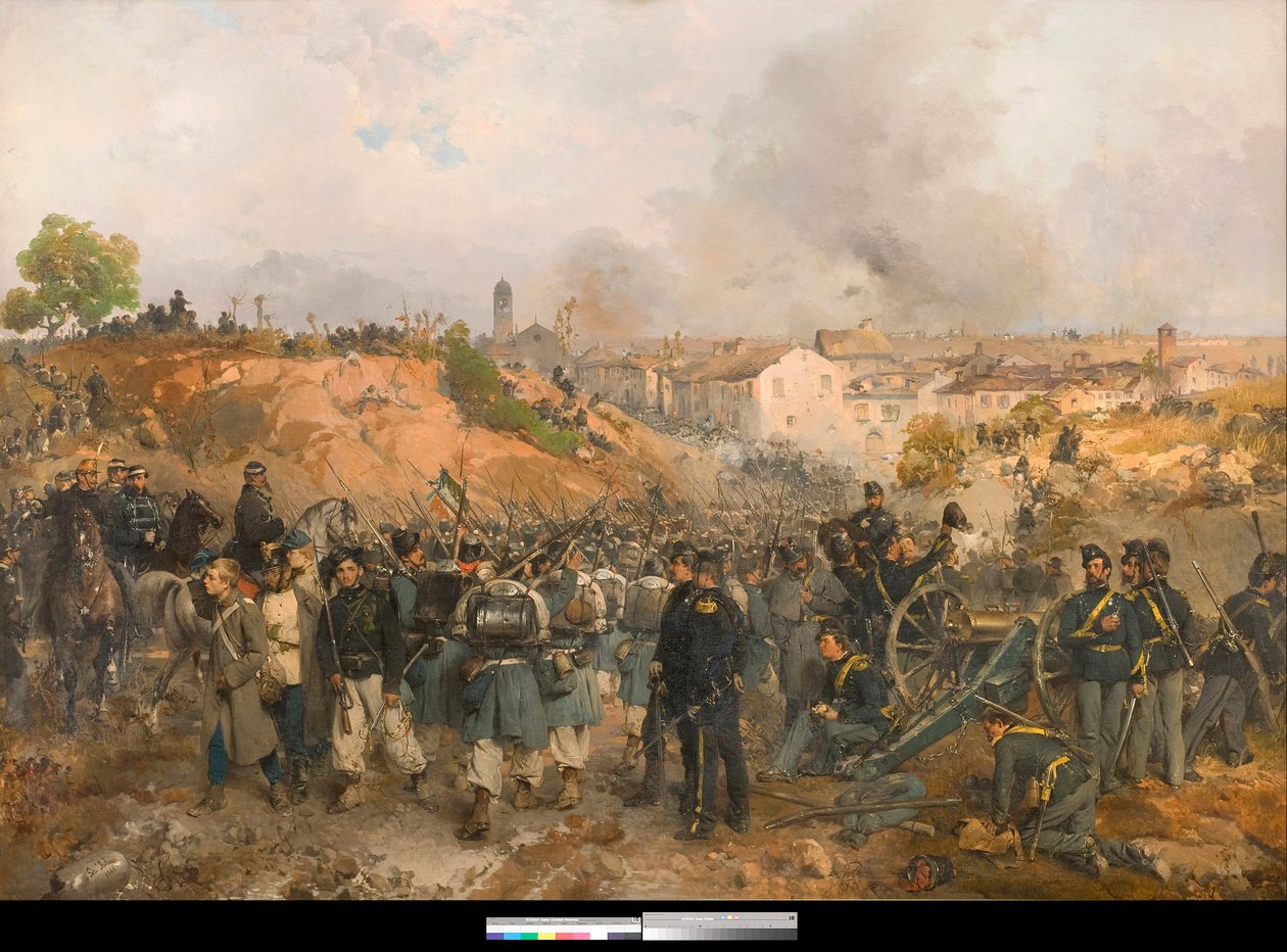 Risorgimento, Anden italienske uafhængighedskrig: Slaget ved Palestro den 30. maj 1859 mellem det østrigske imperium og de kombinerede styrker fra kongeriget Sardinien-Piemont og Frankrig Maleri af Gerolamo Induno (1825-1890) 1860 Privat samling af Gerolamo Induno