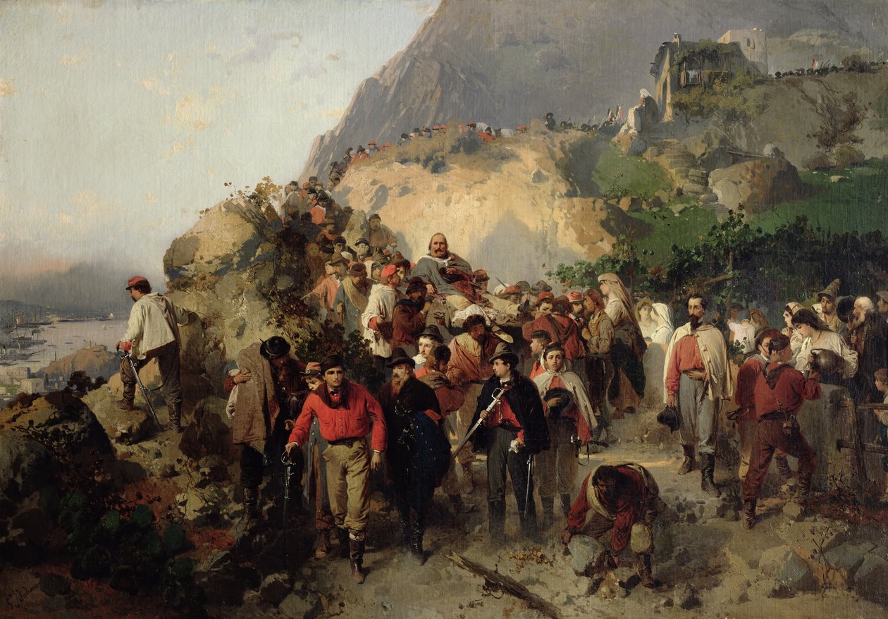 Den sårede Garibaldi (1807-82) i Aspromonte-bjergene (olie på lærred) af Gerolamo Induno