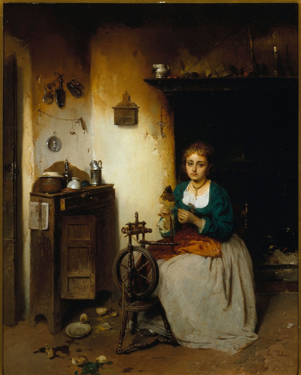 Ung kvinde spinder uld, hendes udtryk er trist og hendes indre elendigt. Maleri af Gerolamo (Girolamo) Induno (1825-1890) Dim. 65x52 cm Genes Nervi, Galleria d