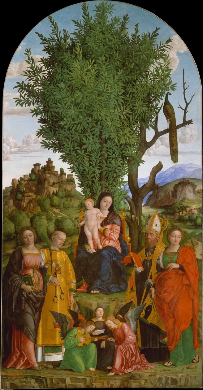 Madonna og barn med hellige, ca. 1520 af Gerolamo dai Libri