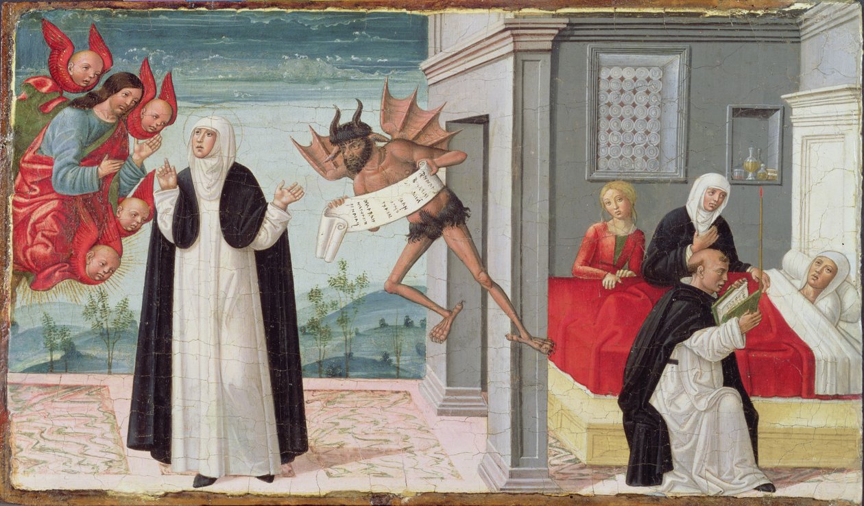 Den hellige Katarina af Siena går i forbøn hos Kristus for at frigive den døende søster Palmerina fra hendes pagt med Djævelen (tempera på panelet) af Gerolamo di Benvenuto