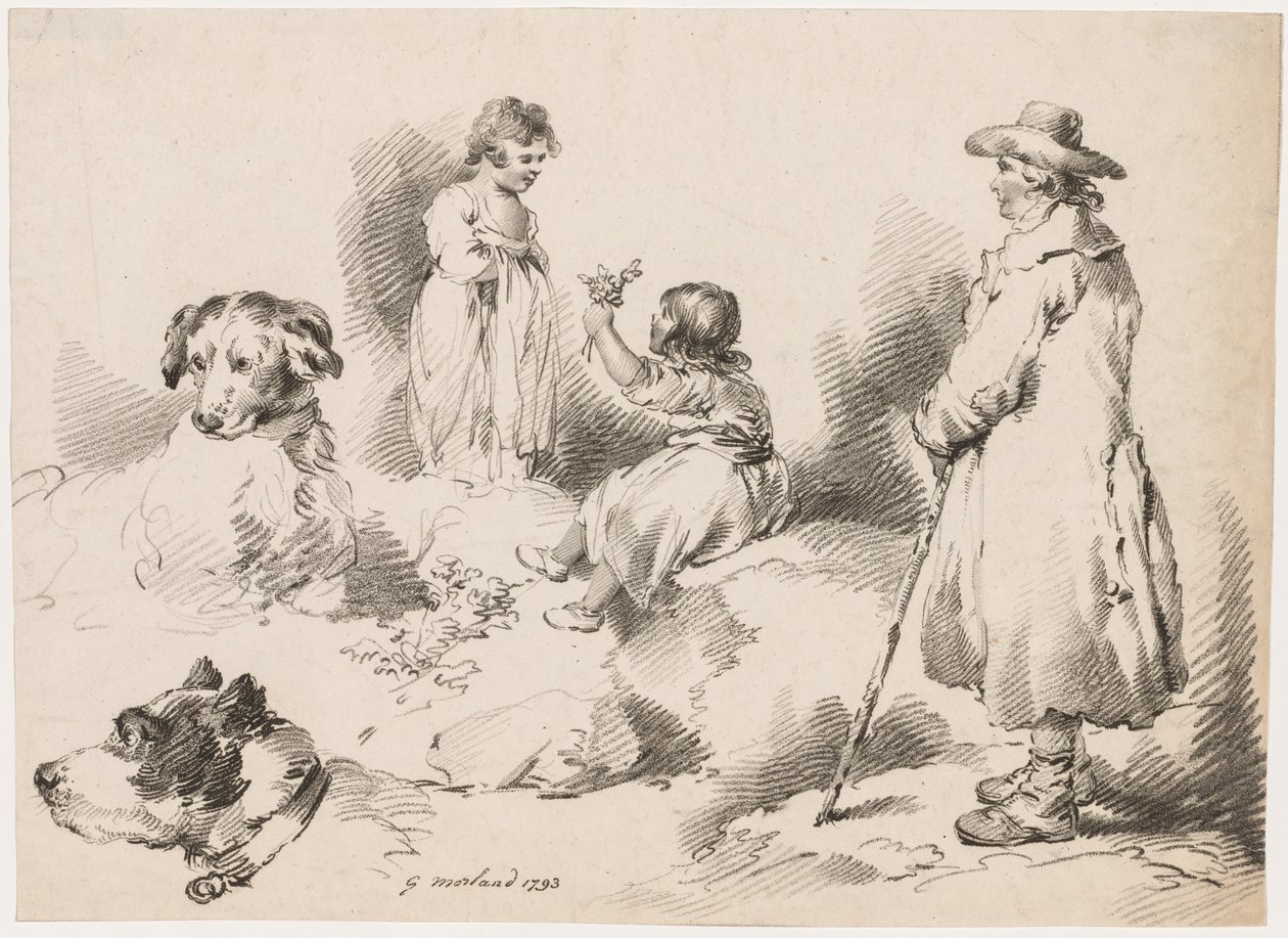 Studier af børn, to små piger, to hunde, en mand, 1793. af Gerrard Street J. Harris Soho