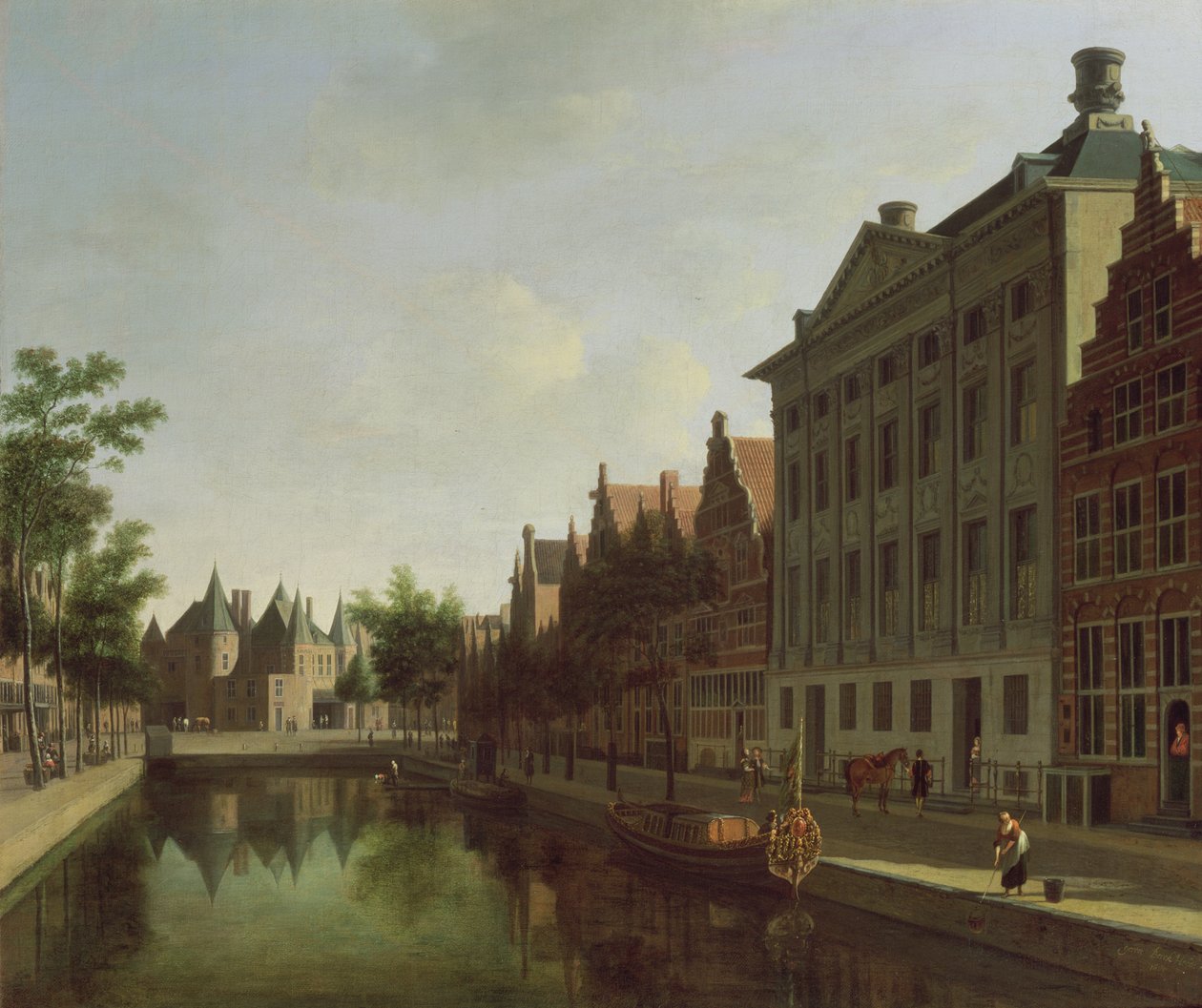 Udsigt over Kloveniersburgwal i Amsterdam med Waag og pram fortøjet foran Trippenhuis til højre, 1685 af Gerrit Adriaensz Berckheyde