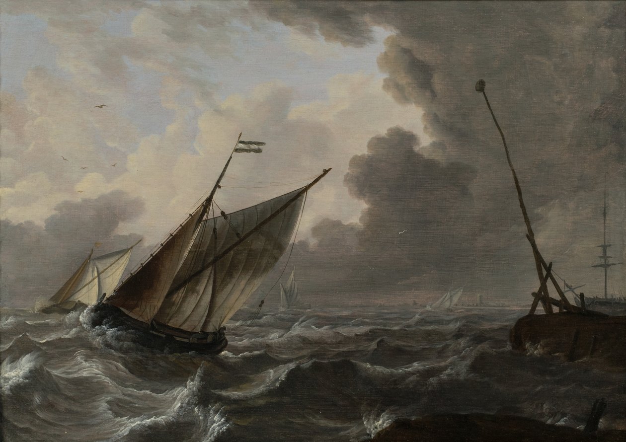 Sejlskibe i et oprørt hav af Gerrit (attr. to) Pompe