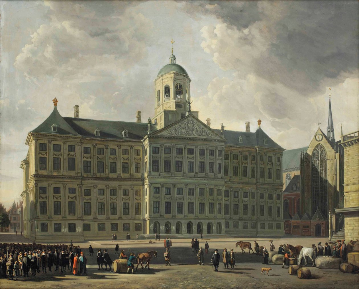 Udsigt over dæmningen med det nye rådhus, Nieuwe Kerk og Waag, Amsterdam af Gerrit Adriaensz Berckheyde