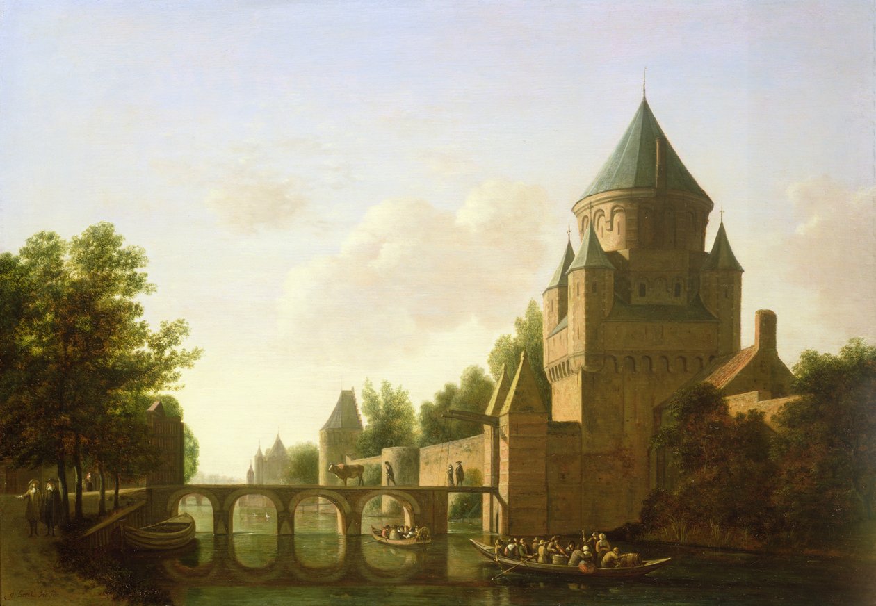Aftenudsigt over Kleine Houtpoort i Haarlem (panel) af Gerrit Adriaensz Berckheyde