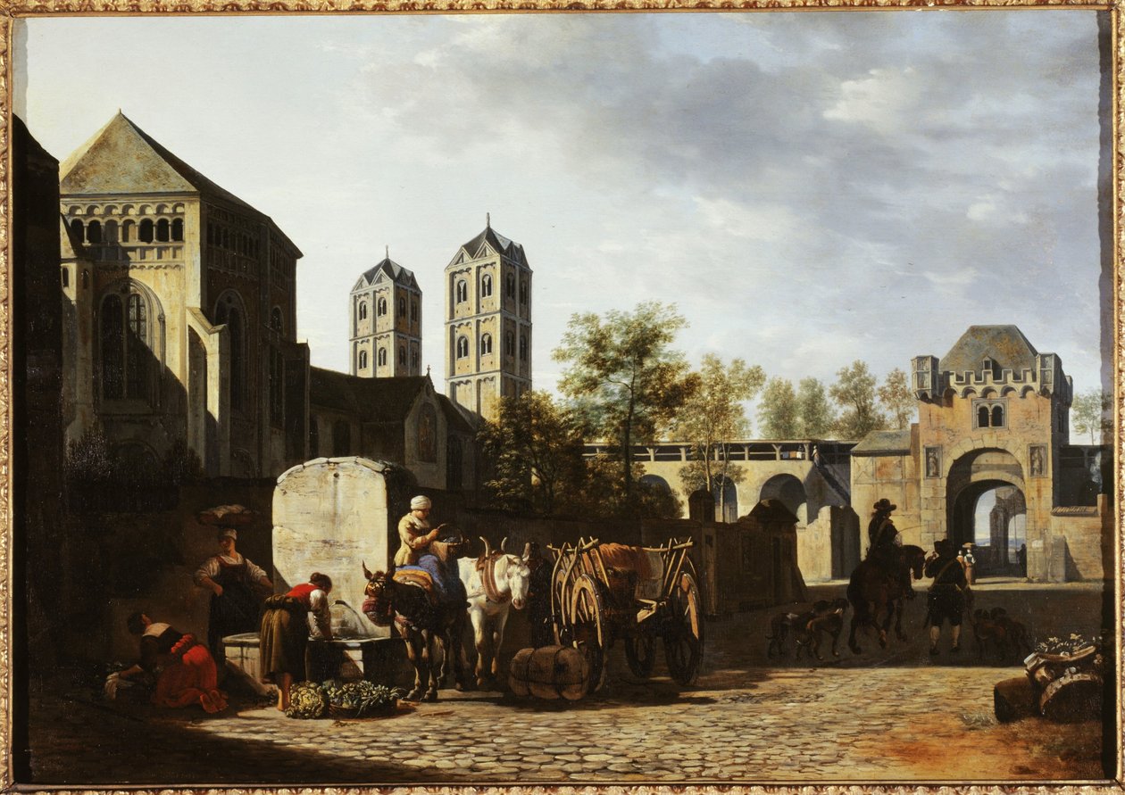 Offentlig fontæne og Sankt Gereons kirke i Köln, ca. 1670 (olie på træ) af Gerrit Adriaensz Berckheyde