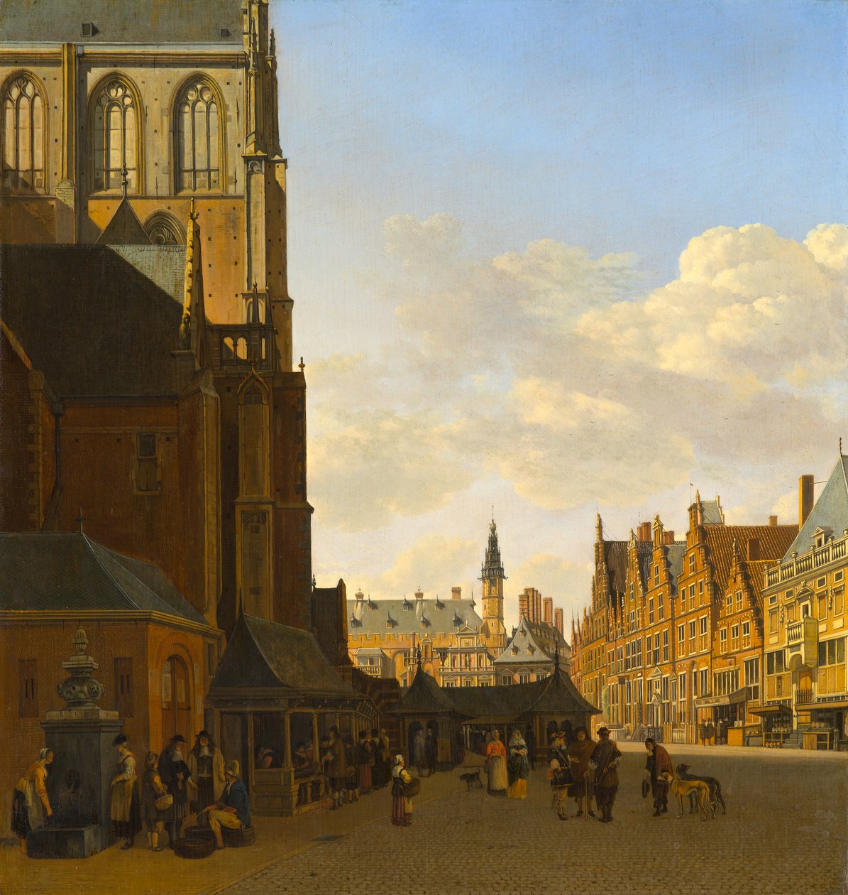 Fiskemarkedet og den store kirke i Haarlem, ca.1675-1680 af Gerrit Adriaensz Berckheyde