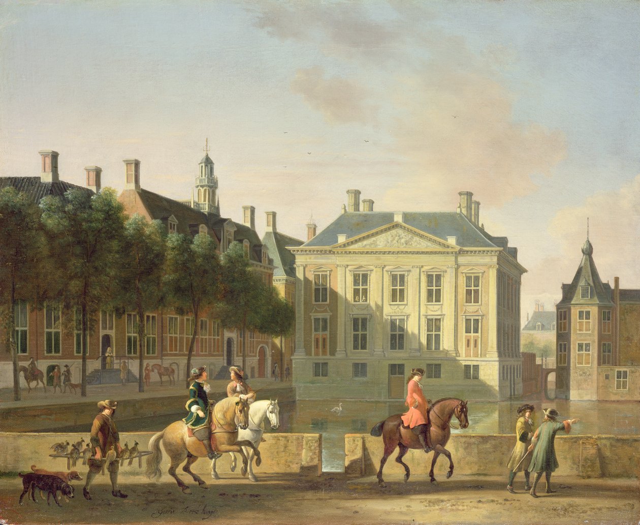 Mauritshuis fra Langevijverburg, Haag, med hawking-fest i forgrunden af Gerrit Adriaensz Berckheyde