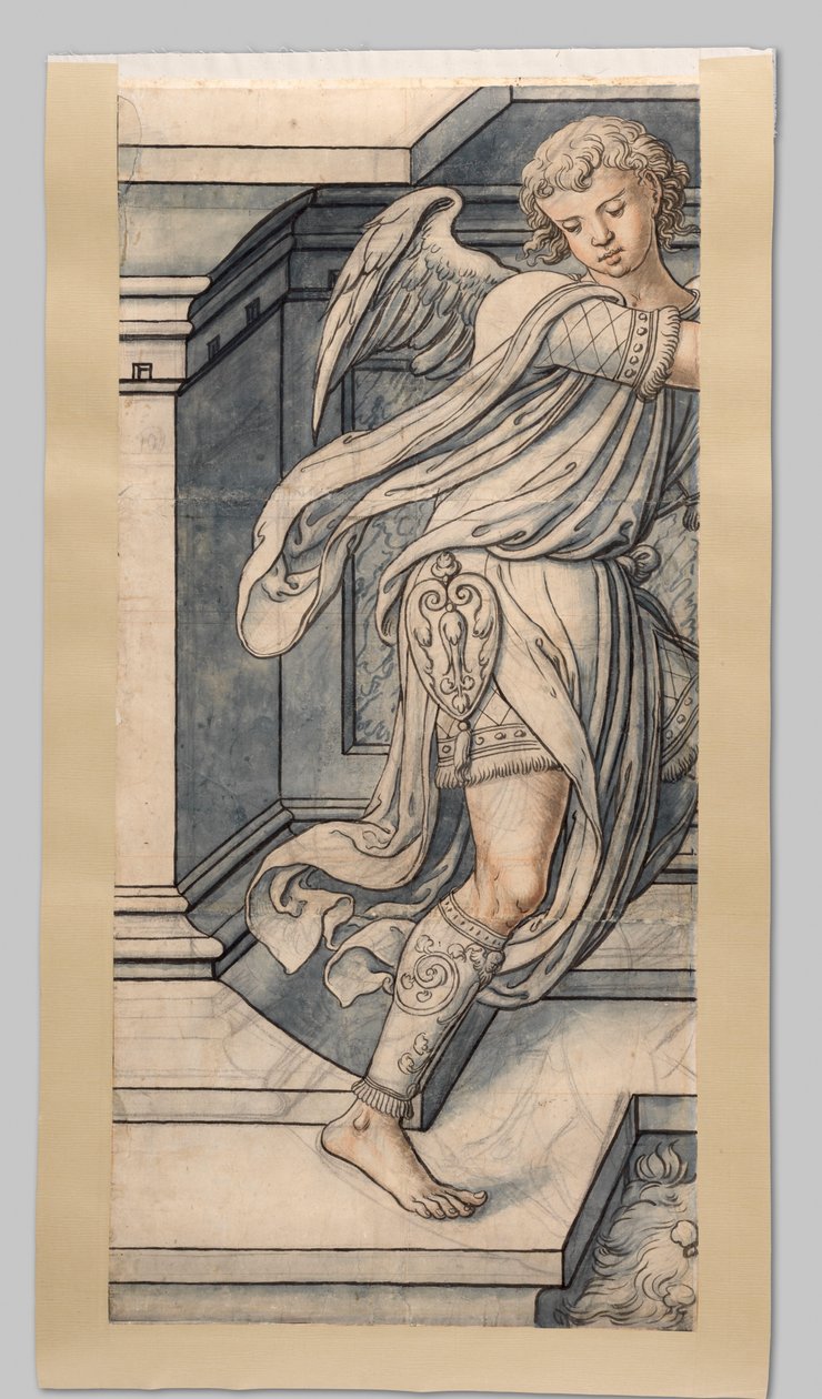 Engel. Fragmenter af pap til glasmosaikvinduet i vestfacaden af ​​Joris van Egmond (biskop af Utrecht 1535-1559) til Sint Bavo-kirken i Haarlem af Gerrit Boels (workshop of)