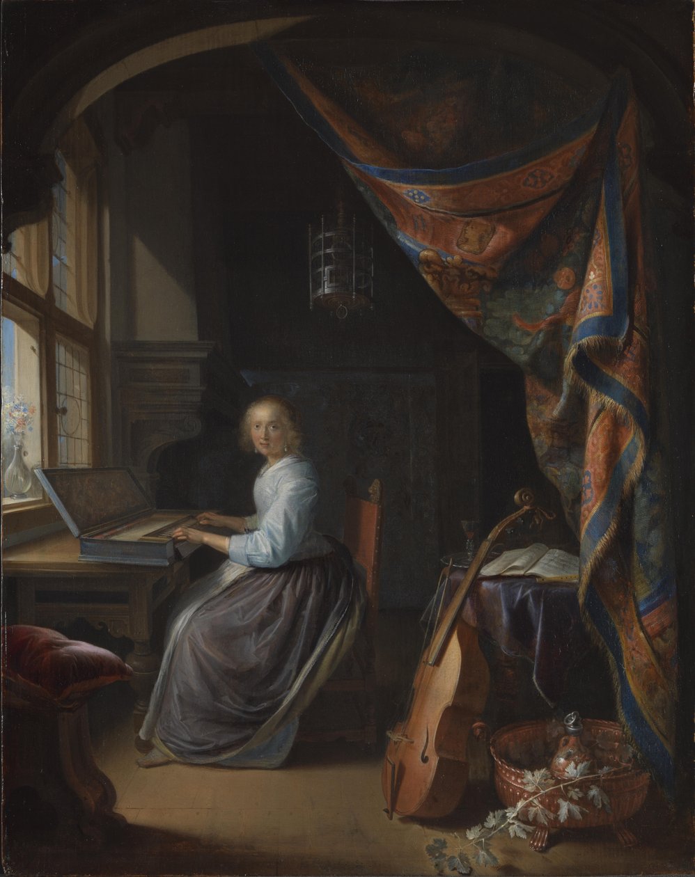 En dame, der spiller clavichord. af Gerrit Dou