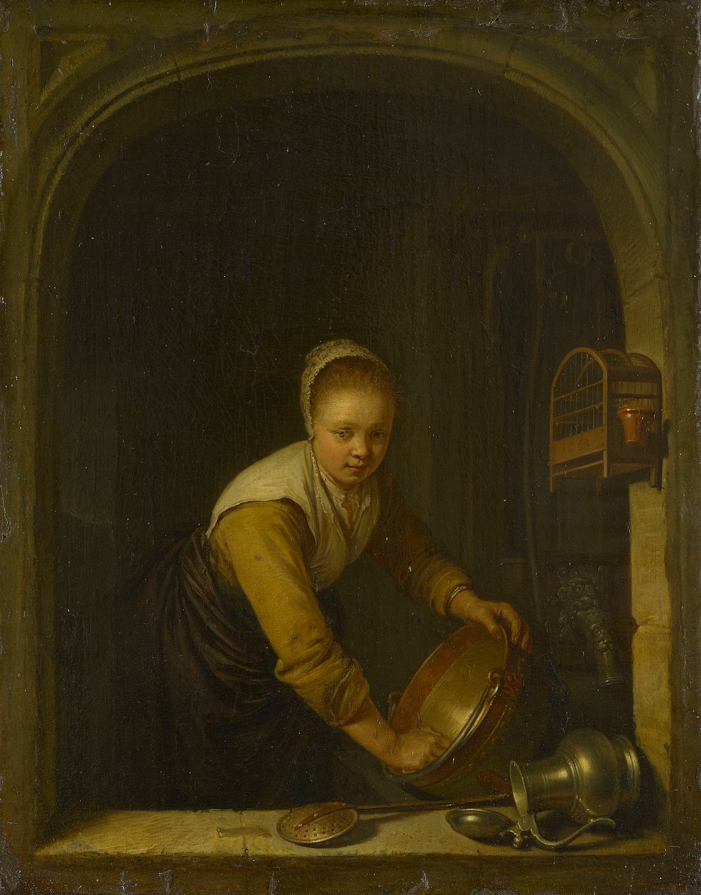 En tjenestepige skurer en messingpande ved et vindue af Gerrit Dou