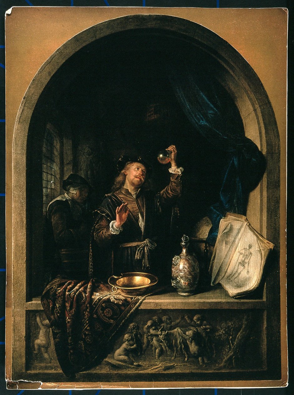 En læge undersøger en urinprøve fra en ældre kvinde. af Gerrit Dou