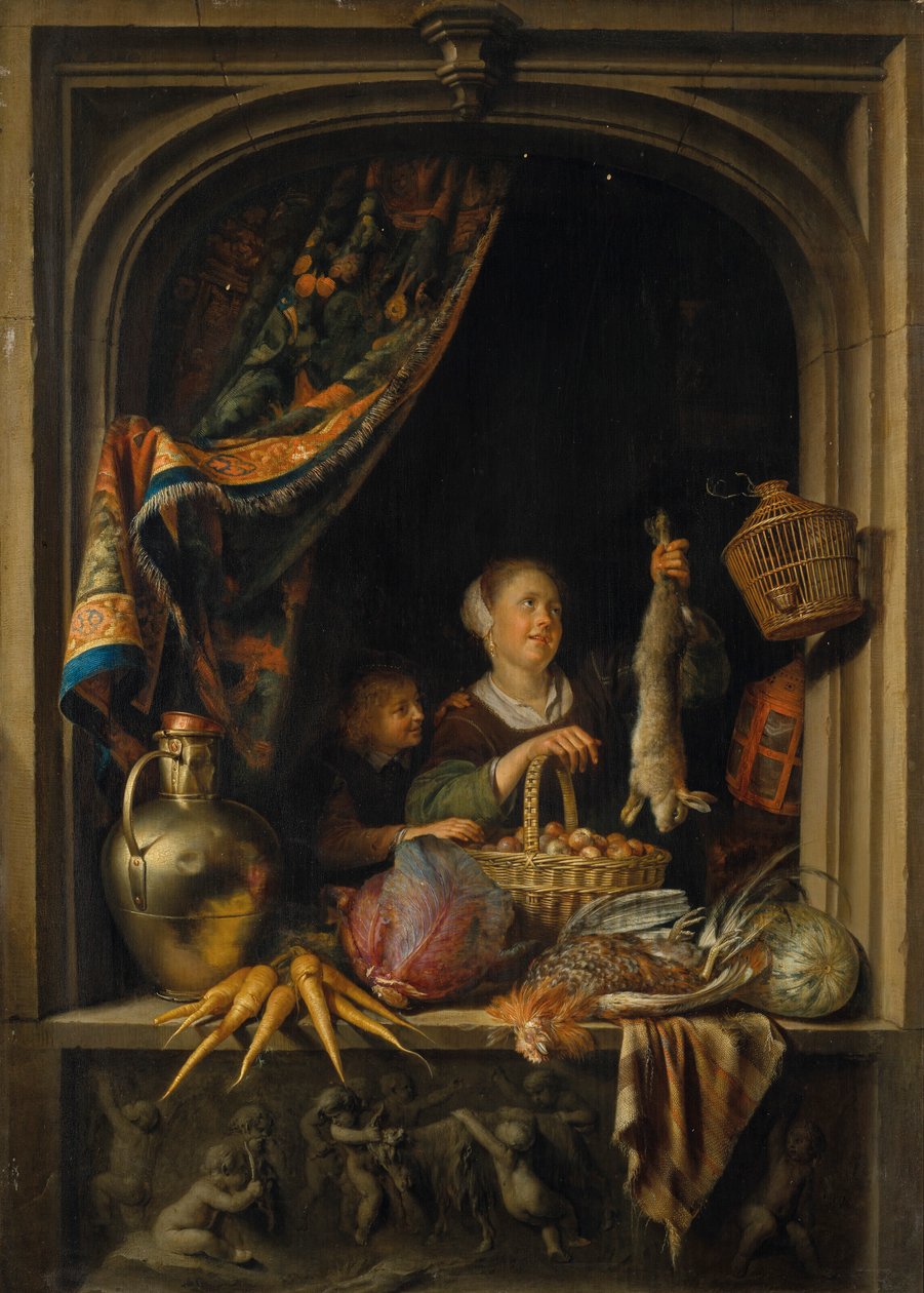 En ung kvinde holder en hare med en dreng ved et vindue af Gerrit Dou