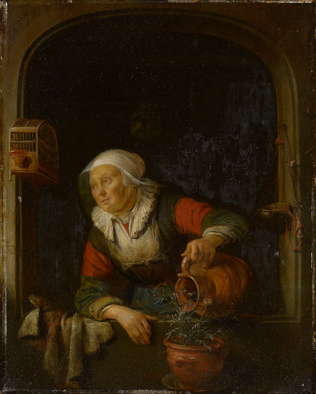 En gammel kvinde vander en potte med roser af Gerrit Dou