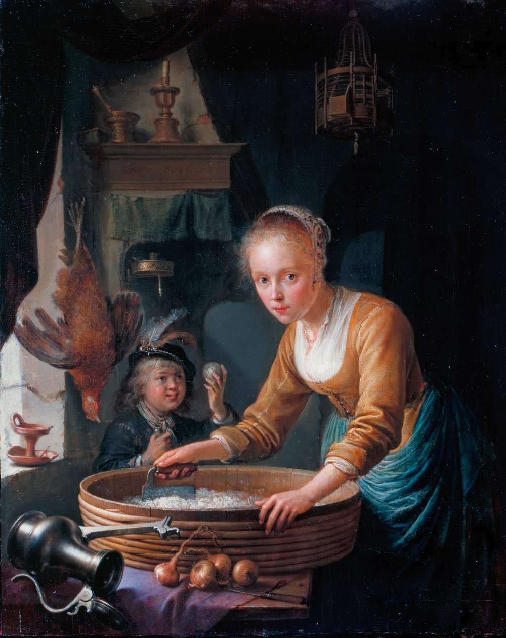 Fransk: Jeune fille hachant des oignons Pige, der hakker løg af Gerrit Dou