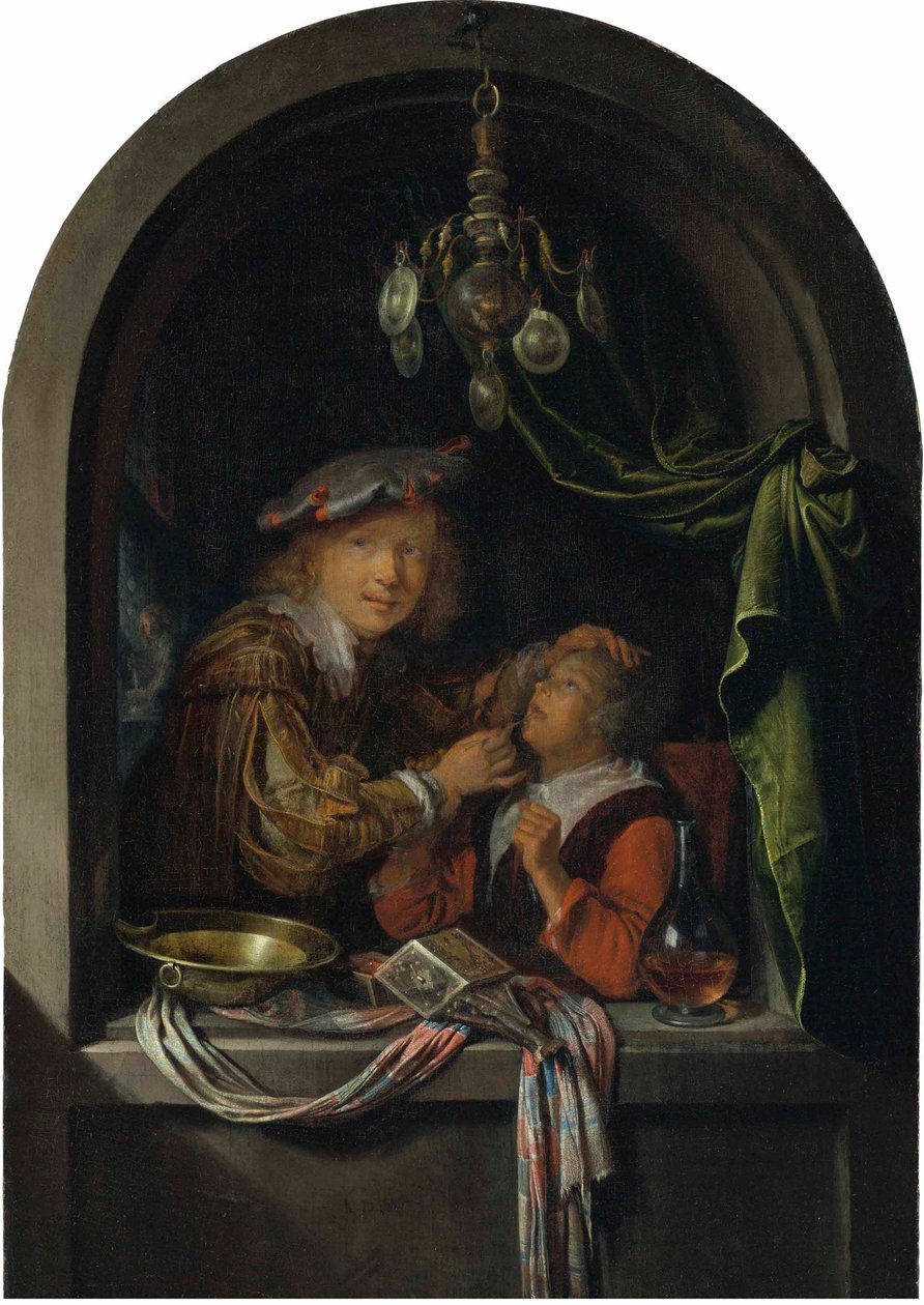 Tysk: Der Zahnarzt En barberkirurg, der undersøger en pige af Gerrit Dou