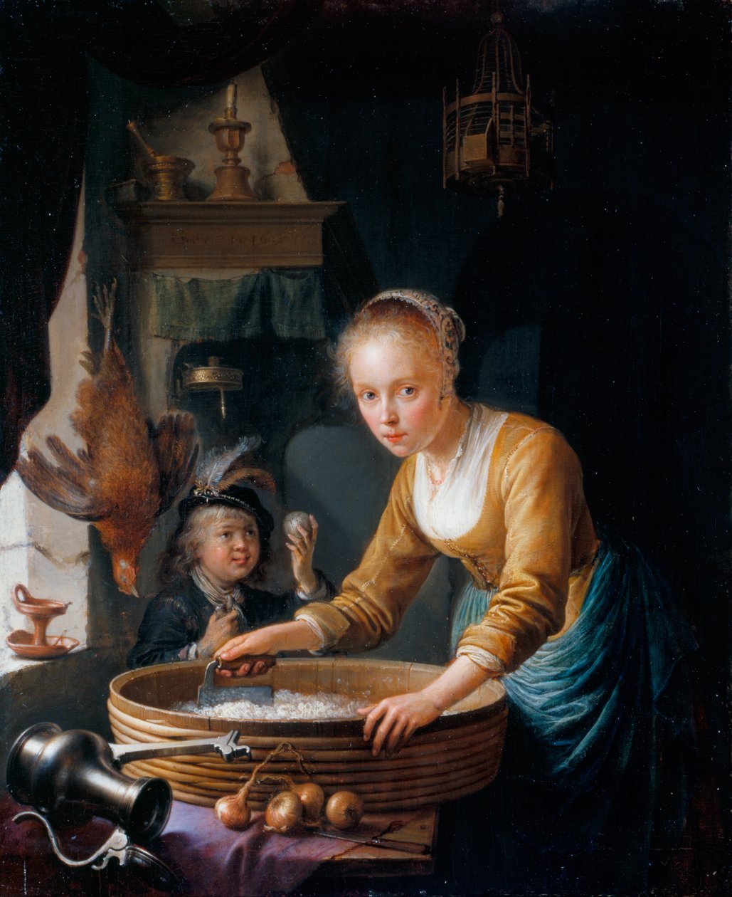 Pige hakker løg af Gerrit Dou