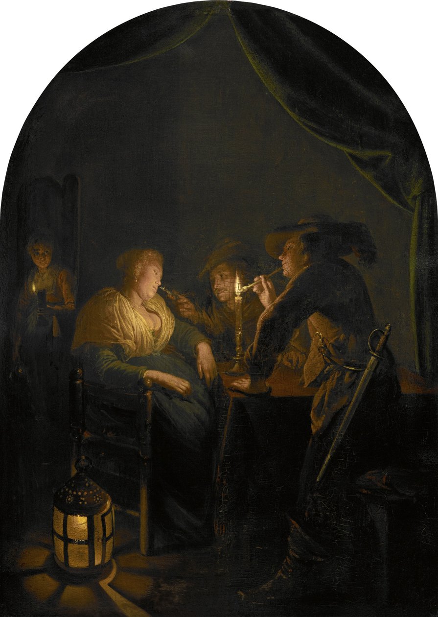 Sovende kvinde drillet af to soldater af Gerrit Dou