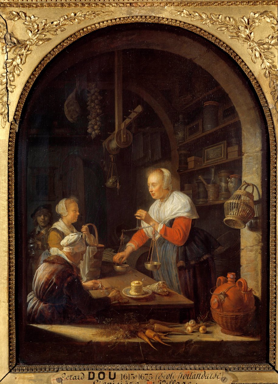 Landsbyens købmand (med portrættet af maleren i baggrunden) Maleri af Gerard Dou (1613-1675) 1647 Søn. 0,38x0,29 m af Gerrit Dou